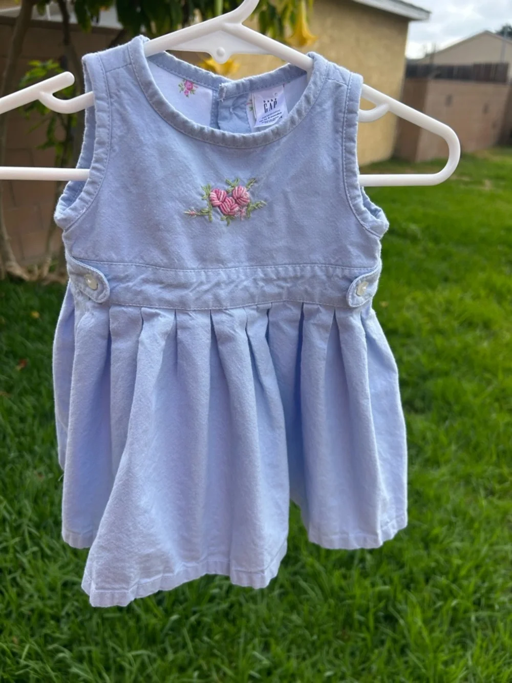 GAP Blue Baby Dress with Pink Rose Embroidery
